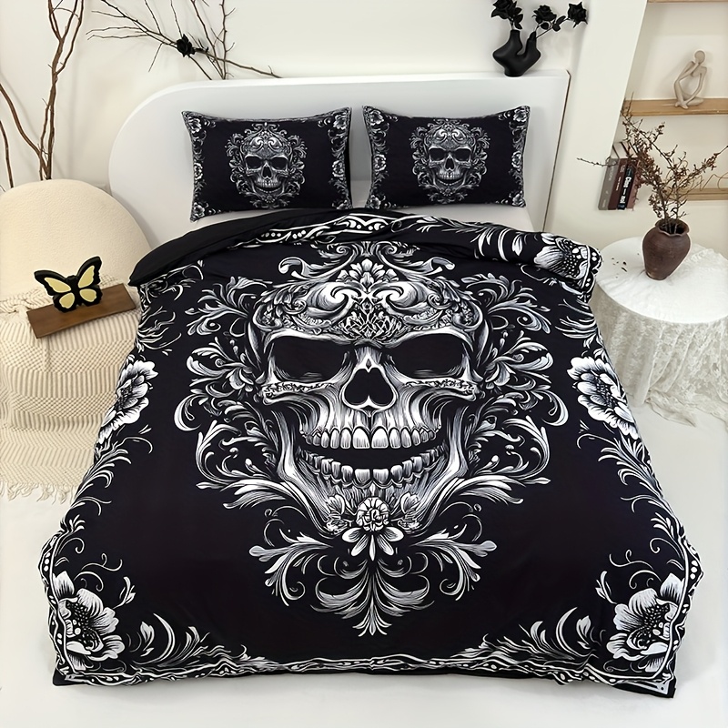 Duvet Insert White - 3pcs Black And White Skull Design